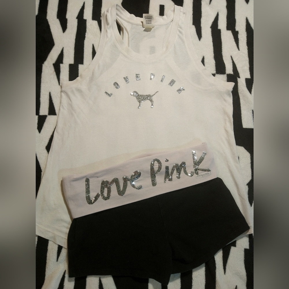 Victoria's Secret Pink Fold Over Yoga Bling Sequin Shorts Set. M.